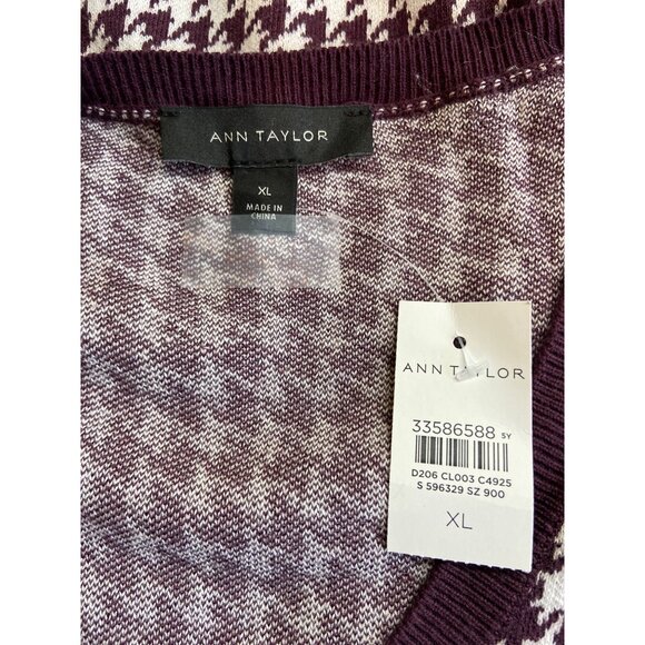 Ann Taylor V-Neck Tunic Sweater XL Burgundy Cream Houndstooth Lagenlook - Picture 4 of 8